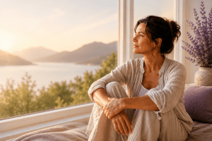 Femme apaisée face à la nature – accompagnement Naître à soi pour sortir du mode survie